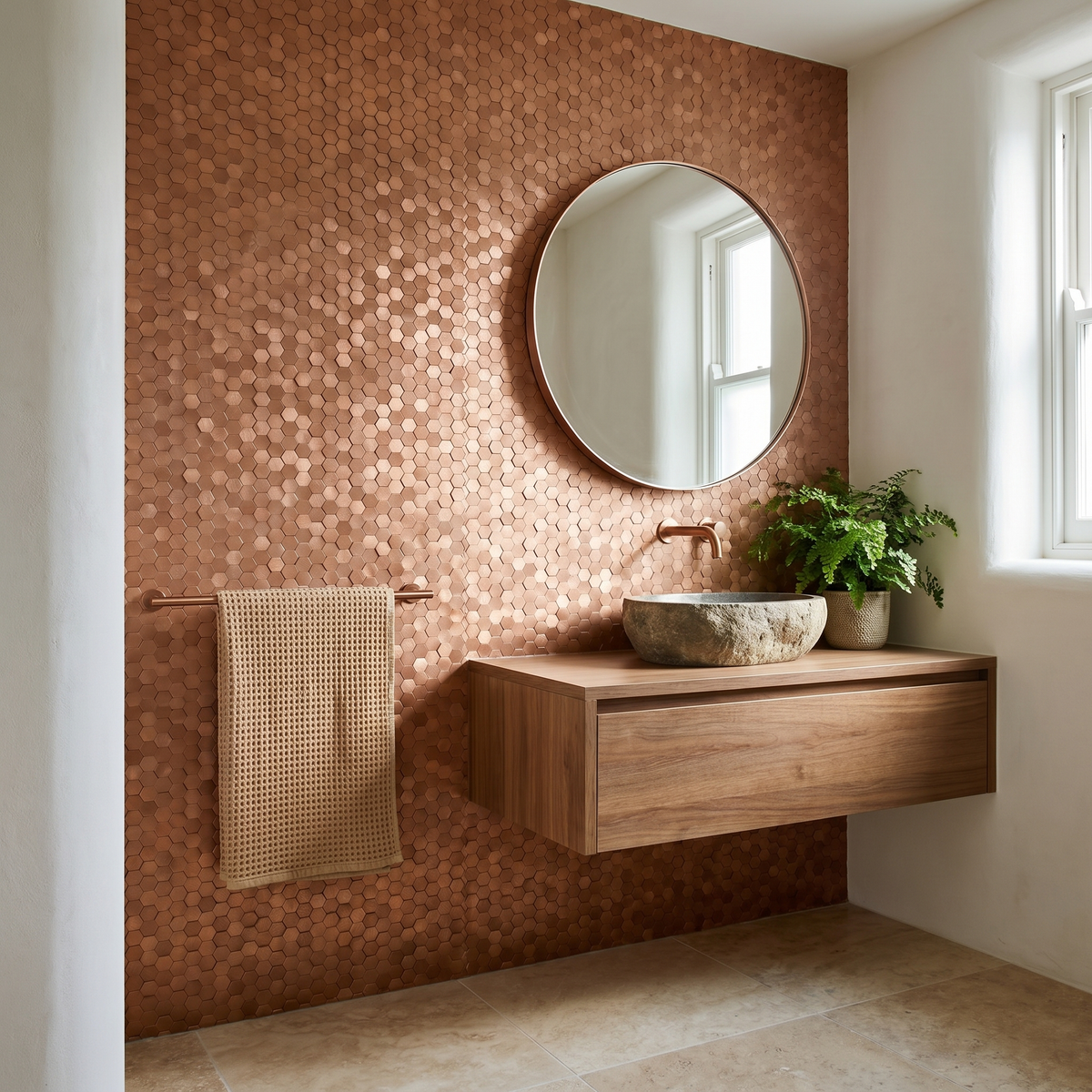 Selbstklebende Mosaikfliesen Metall | Mini Hexagon 3D Kupfer | 29,8×30,7 cm | Küche, Bad & WC