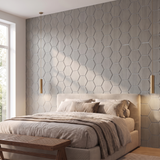 Hexagonpaneel Graue Walnuss mit grauem Filz im Schlafzimmer
