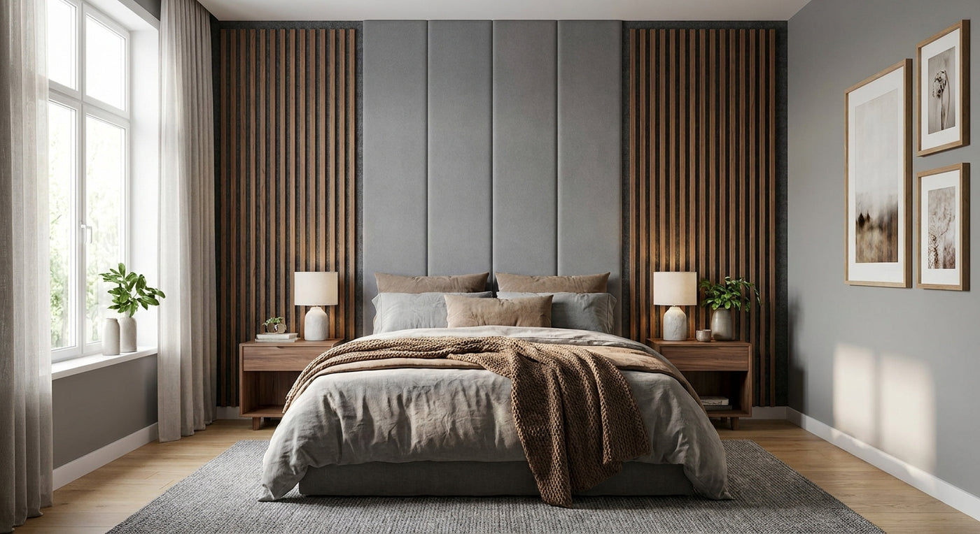 Akustikpaneele Walnuss-Grau für das Schlafzimmer
