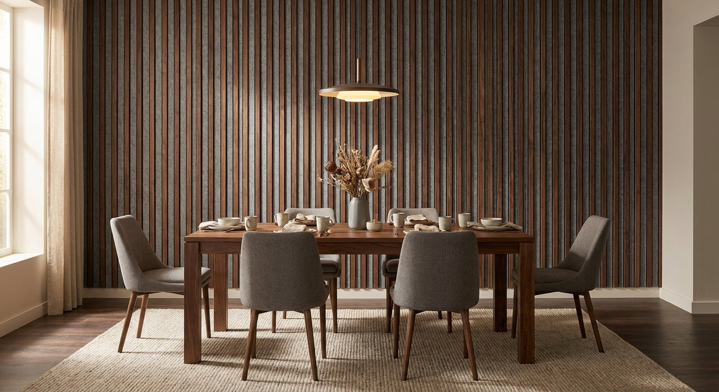 Akustikpaneele Walnuss-Grau fürs Esszimmer