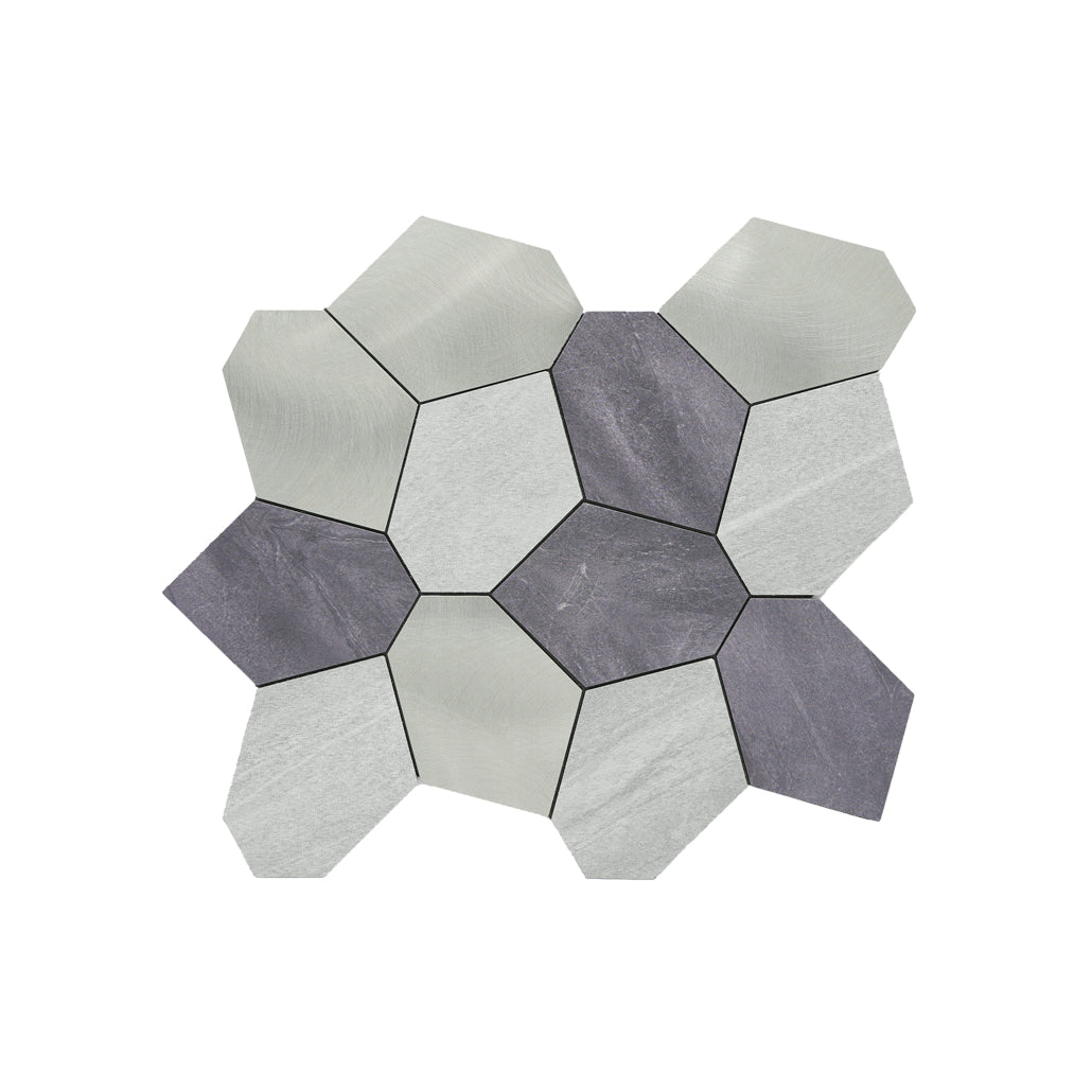 Selbstklebende Mosaikfliesen Metall | Polygon Grau | 30×26,2 cm | Küche, Bad & WC