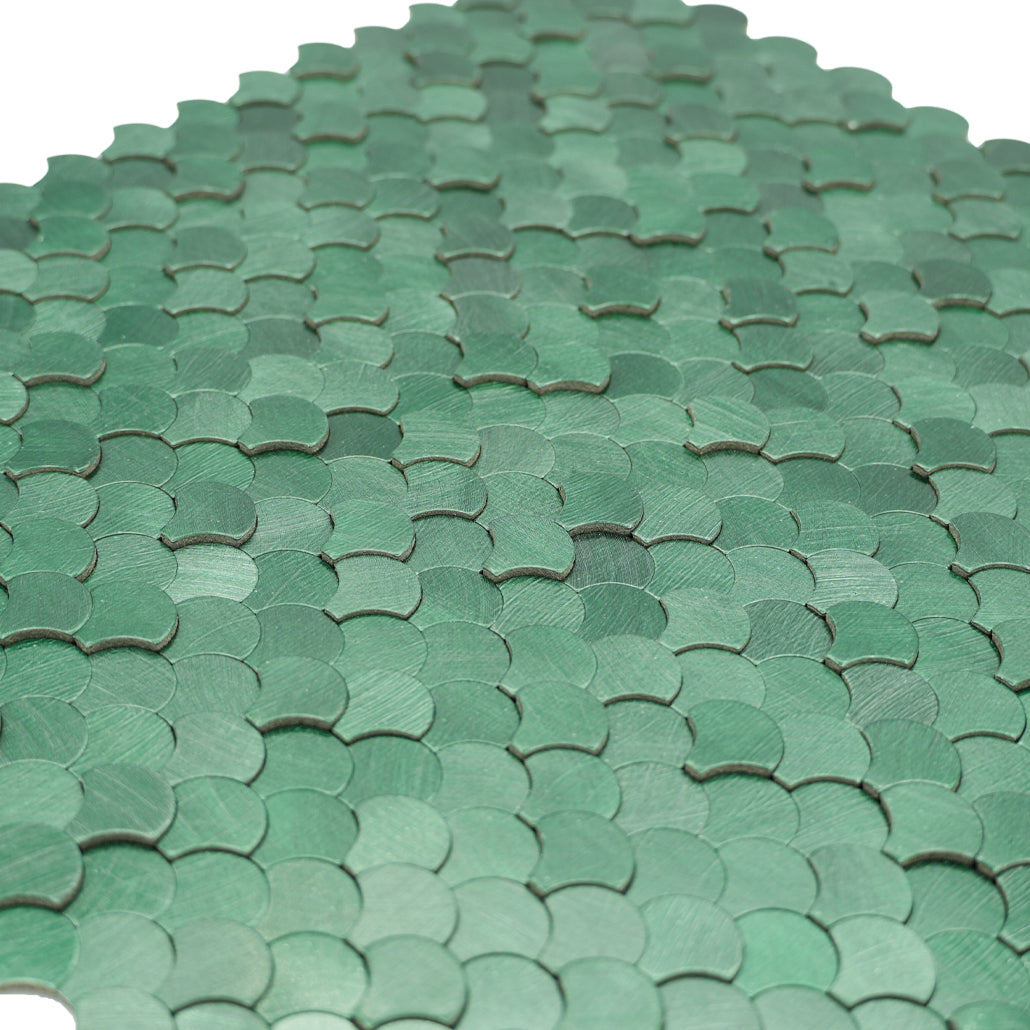 Selbstklebende Mosaikfliesen Metall | Fischschuppe 3D Dunkelgrün | 28,8×29,8 cm | Küche, Bad & WC