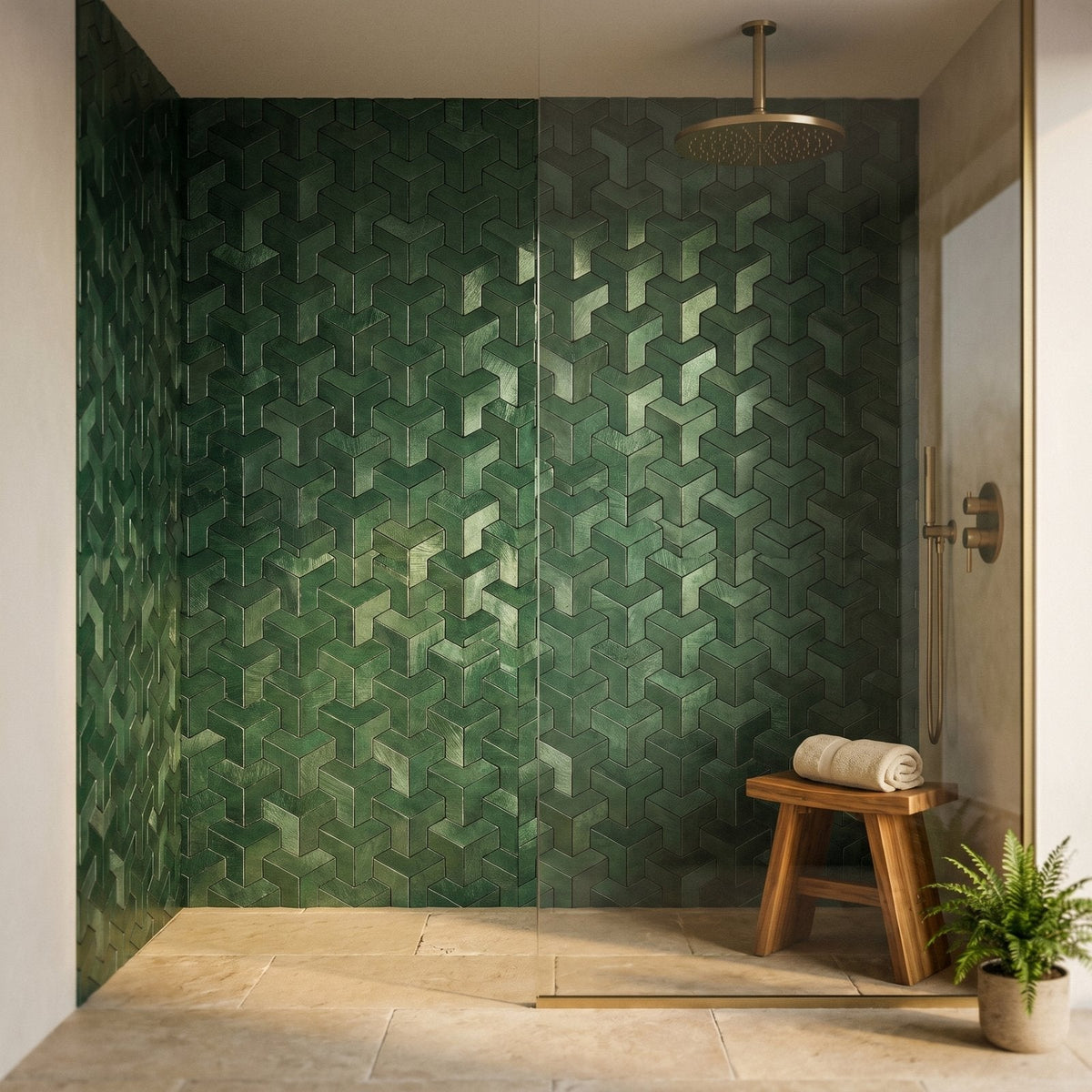 Selbstklebende Mosaikfliesen Metall | Trifold 3D Dunkelgrün | 30,3×28 cm | Küche, Bad & WC