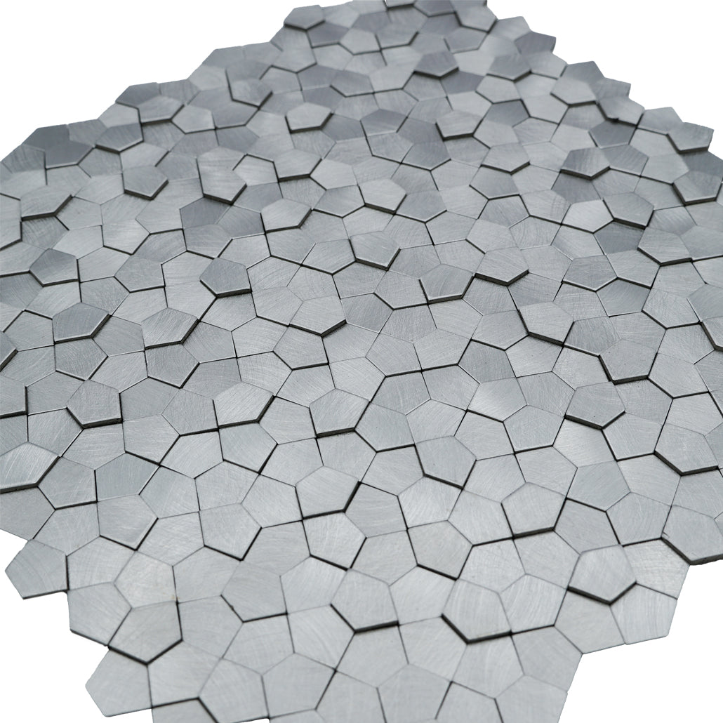 Selbstklebende Mosaikfliesen Metall | Pentagon 3D Silber | 28,2×28,2 cm | Küche, Bad & WC