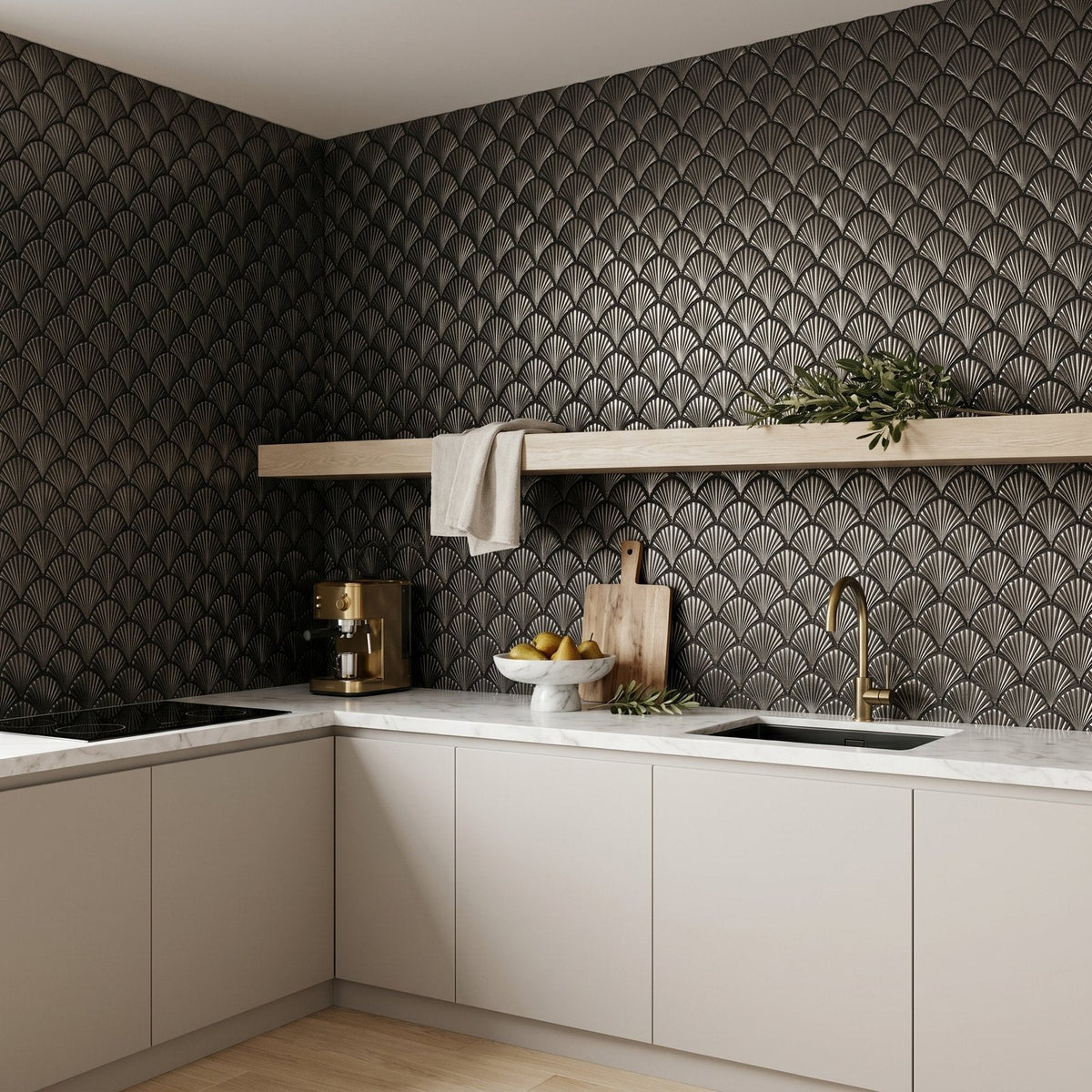 Selbstklebende Mosaikfliesen Metall | Fächer Anthrazit | 26,8×28,1 cm | Küche, Bad & WC