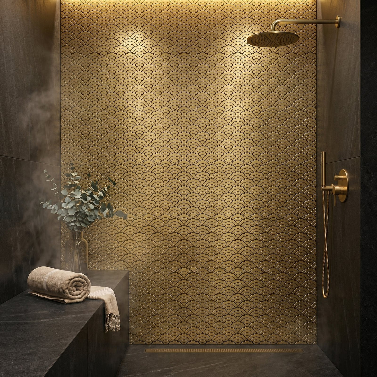 Selbstklebende Mosaikfliesen Metall | Fächer Gold | 26,8×28,1 cm | Küche, Bad & WC
