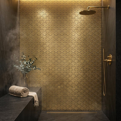 Selbstklebende Mosaikfliesen Metall | Fächer Gold | 26,8×28,1 cm | Küche, Bad & WC