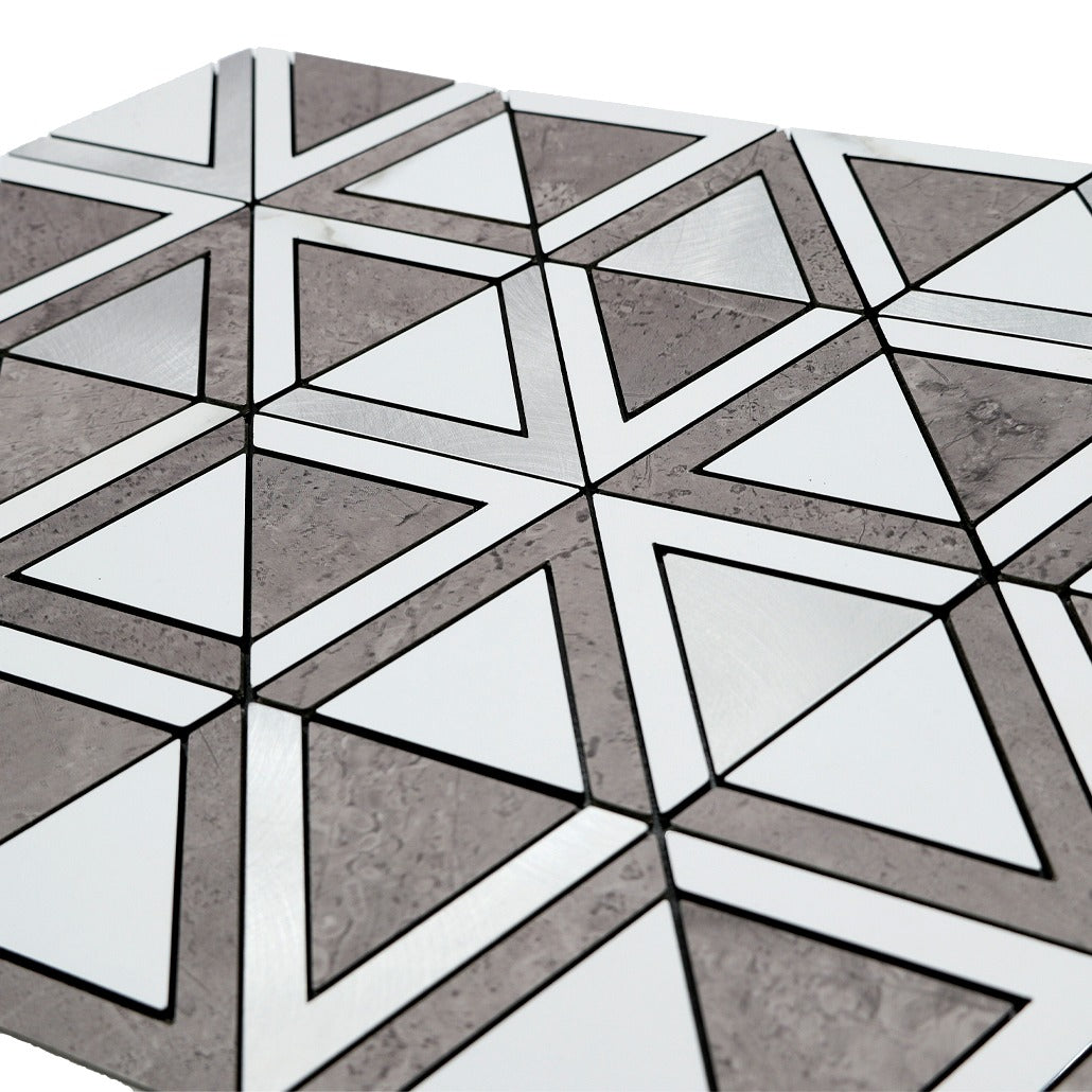 Selbstklebende Mosaikfliesen Metall | Dreieck Grau Weiß-Silber | 28,7×33,1 cm | Küche, Bad & WC