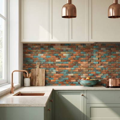 Selbstklebende Mosaikfliesen Metall | Riemchen 3D Patina Kupfer | 30×29,8 cm | Küche, Bad & WC