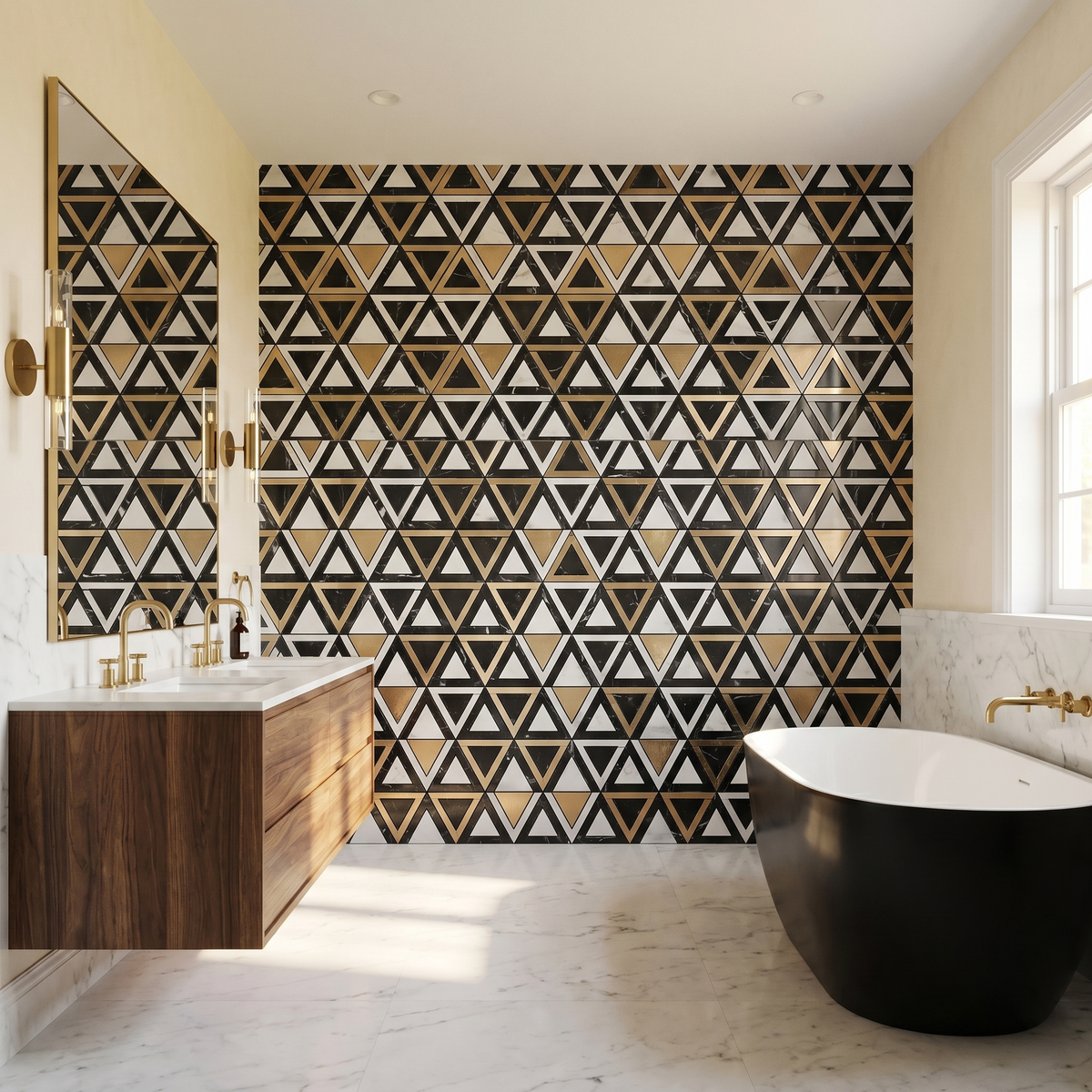 Selbstklebende Mosaikfliesen Metall | Dreieck Schwarz Weiß-Gold | 28,7×33,1 cm | Küche, Bad & WC