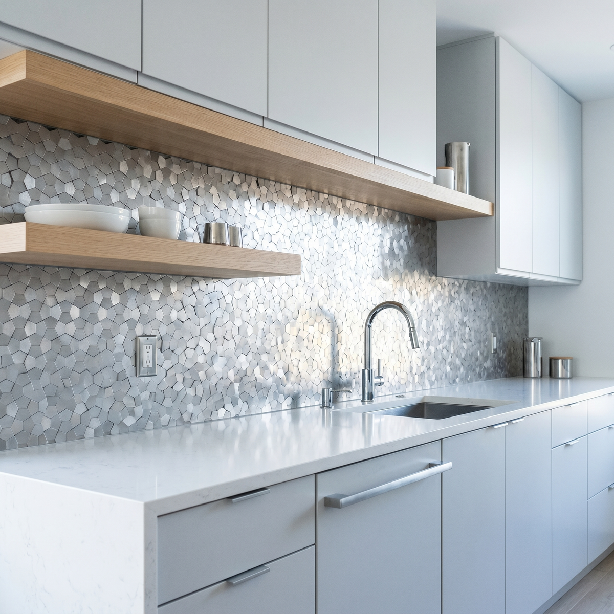 Selbstklebende Mosaikfliesen Metall | Pentagon 3D Silber | 28,2×28,2 cm | Küche, Bad & WC
