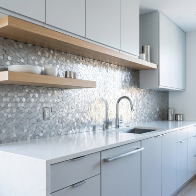 Selbstklebende Mosaikfliesen Metall | Pentagon 3D Silber | 28,2×28,2 cm | Küche, Bad & WC