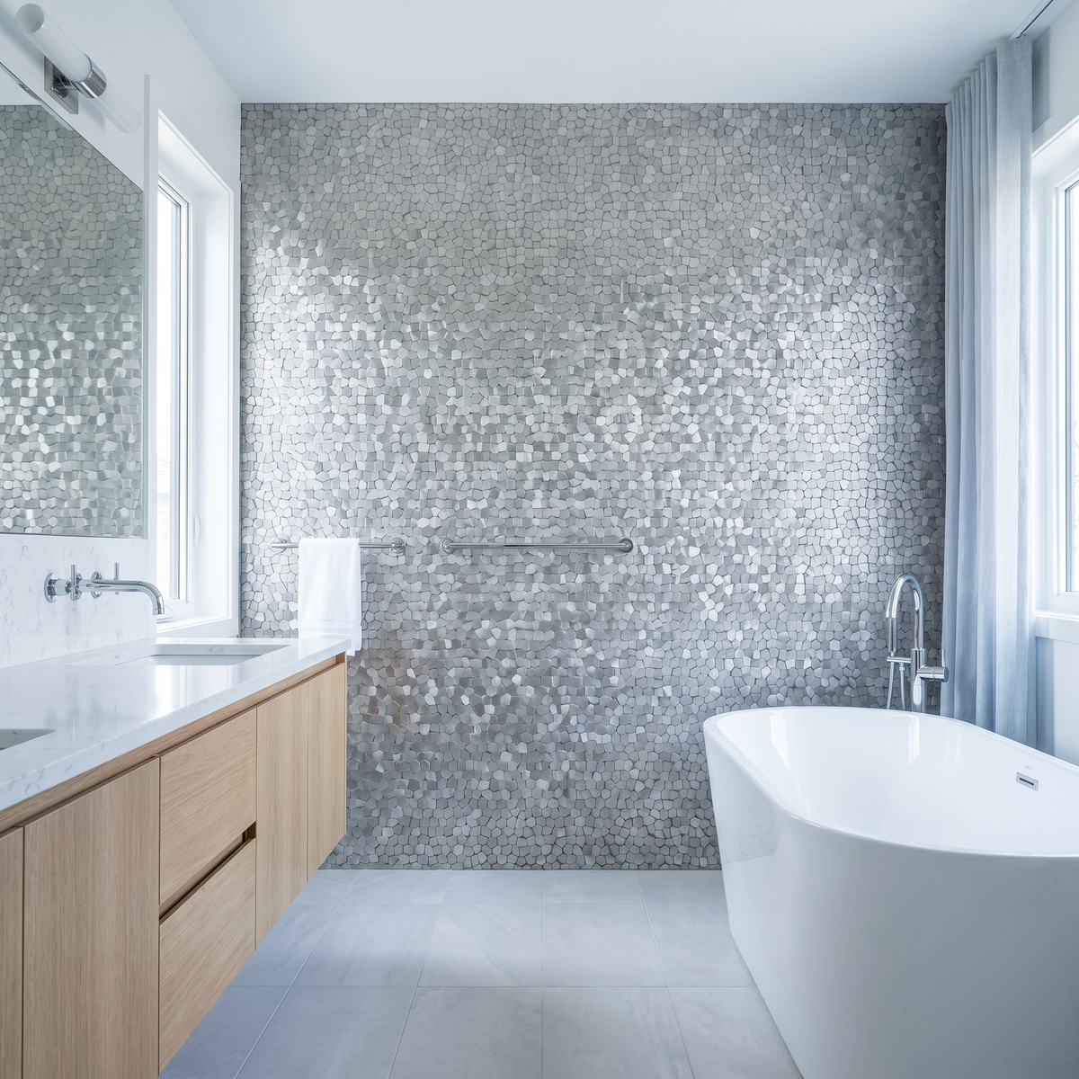 Selbstklebende Mosaikfliesen Metall | Pentagon 3D Silber | 28,2×28,2 cm | Küche, Bad & WC