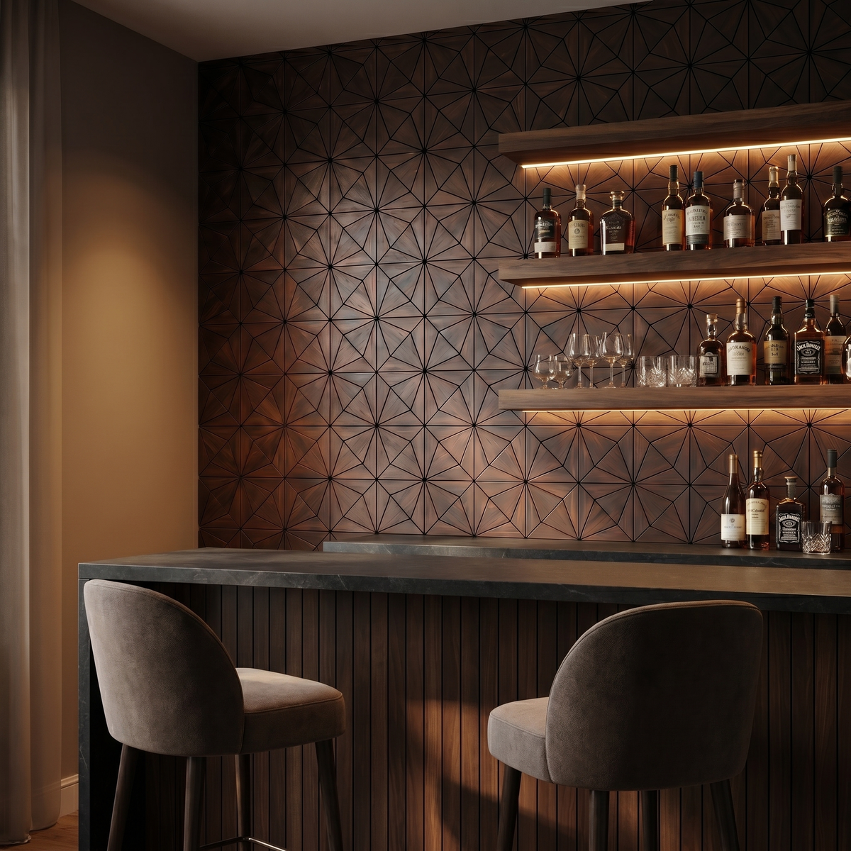 Nolan Rose Black dekoratives Holz-Wandpaneel als Bar-Rückwand