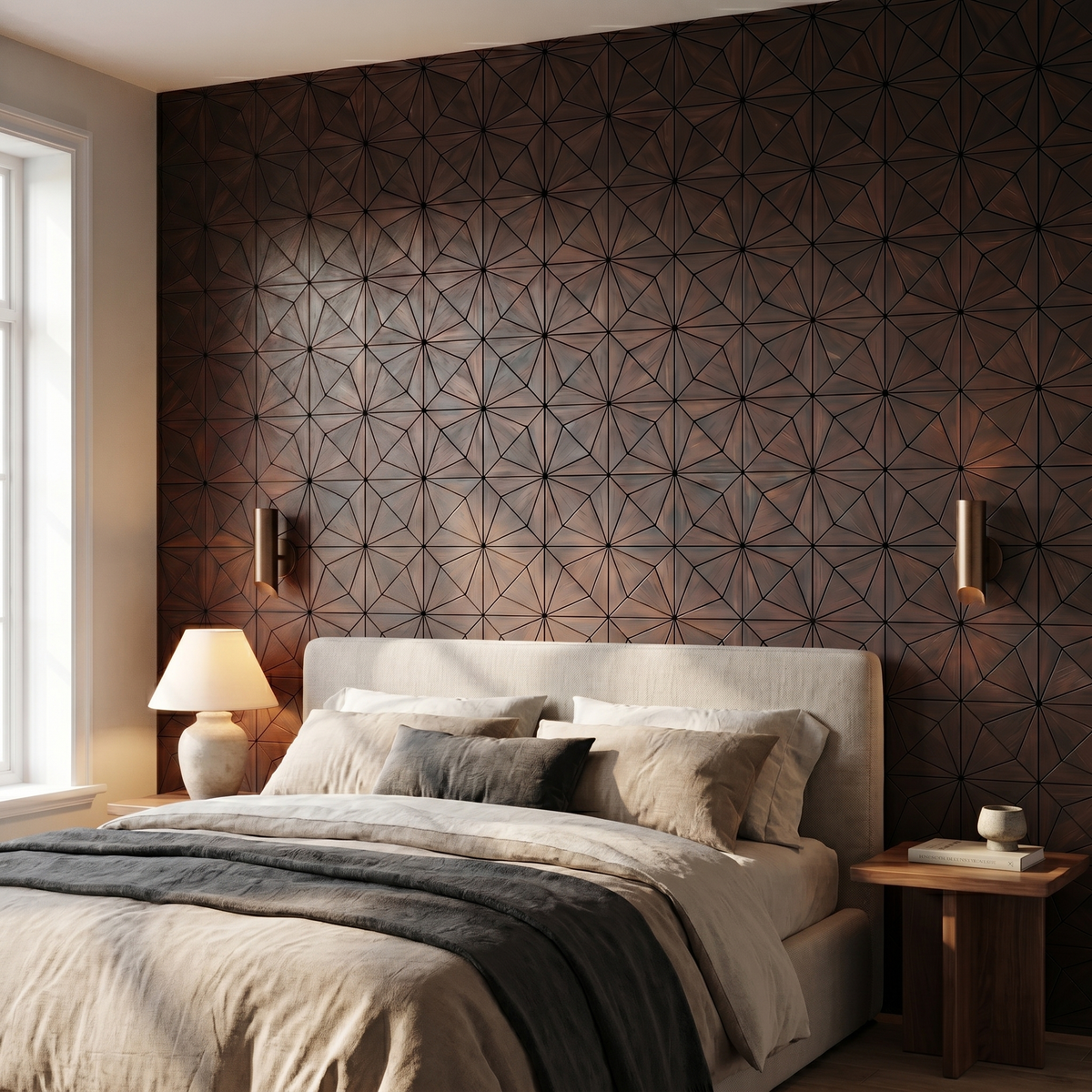 Nolan Rose Black dekoratives Holz-Wandpaneel hinter dem Bett im Schlafzimmer
