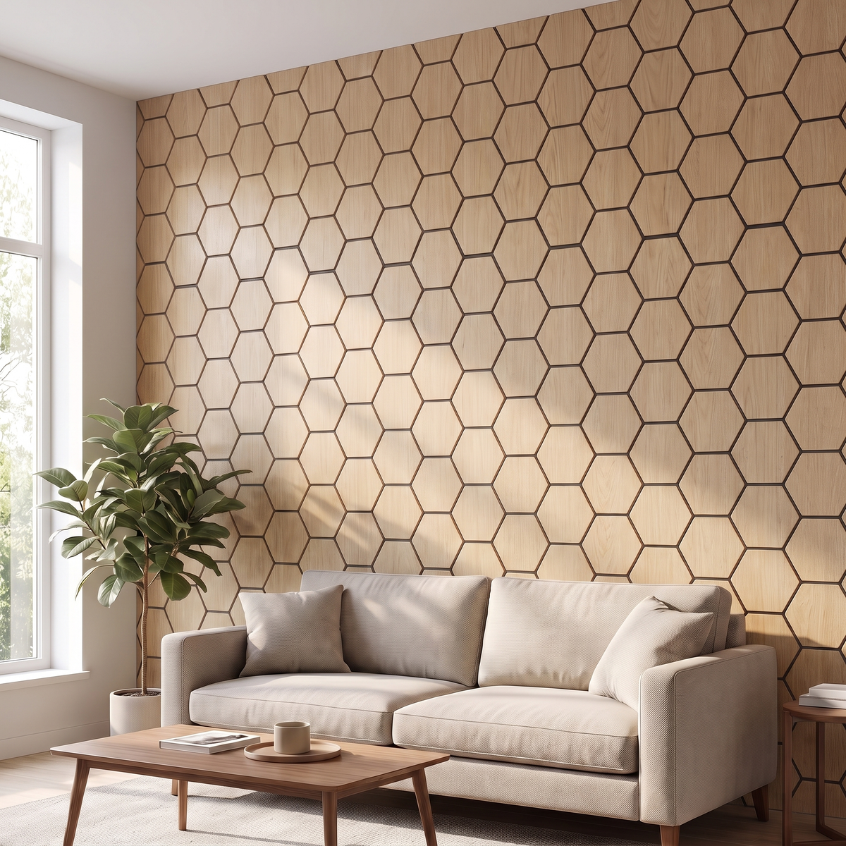Hexagonpaneel Natur Eiche im Wohnzimmer