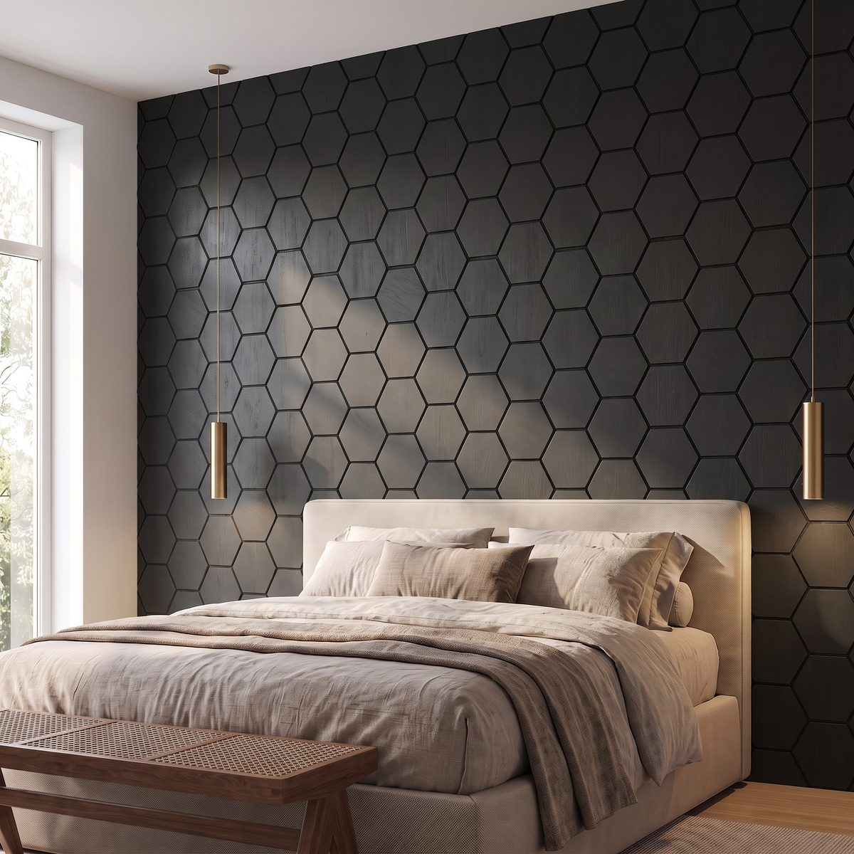 Hexagonpaneel Schwarz im Schlafzimmer