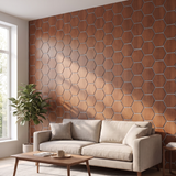 Hexagonpaneel Geräucherte Eiche mit grauem Filz im Wohnzimmer