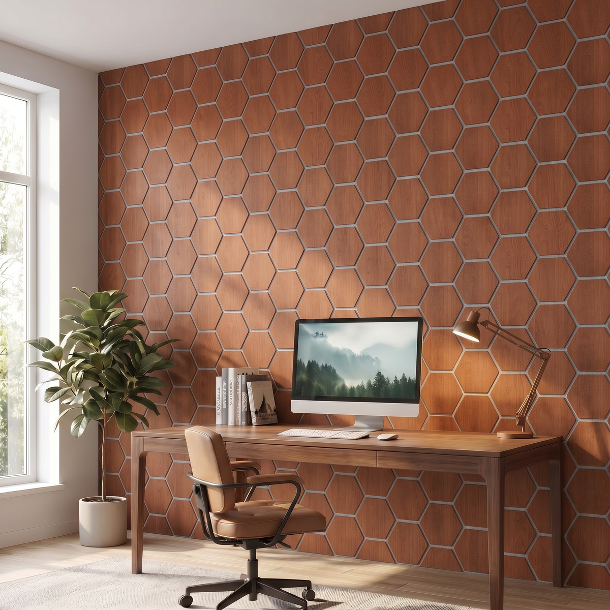 Hexagonpaneel Geräucherte Eiche mit grauem Filz im Homeoffice