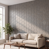 Hexagonpaneel Graue Walnuss mit grauem Filz im Wohnzimmer