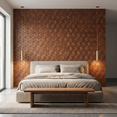 Lobelia Rust Copper dekoratives Holz-Wandpaneel hinter dem Bett im Schlafzimmer