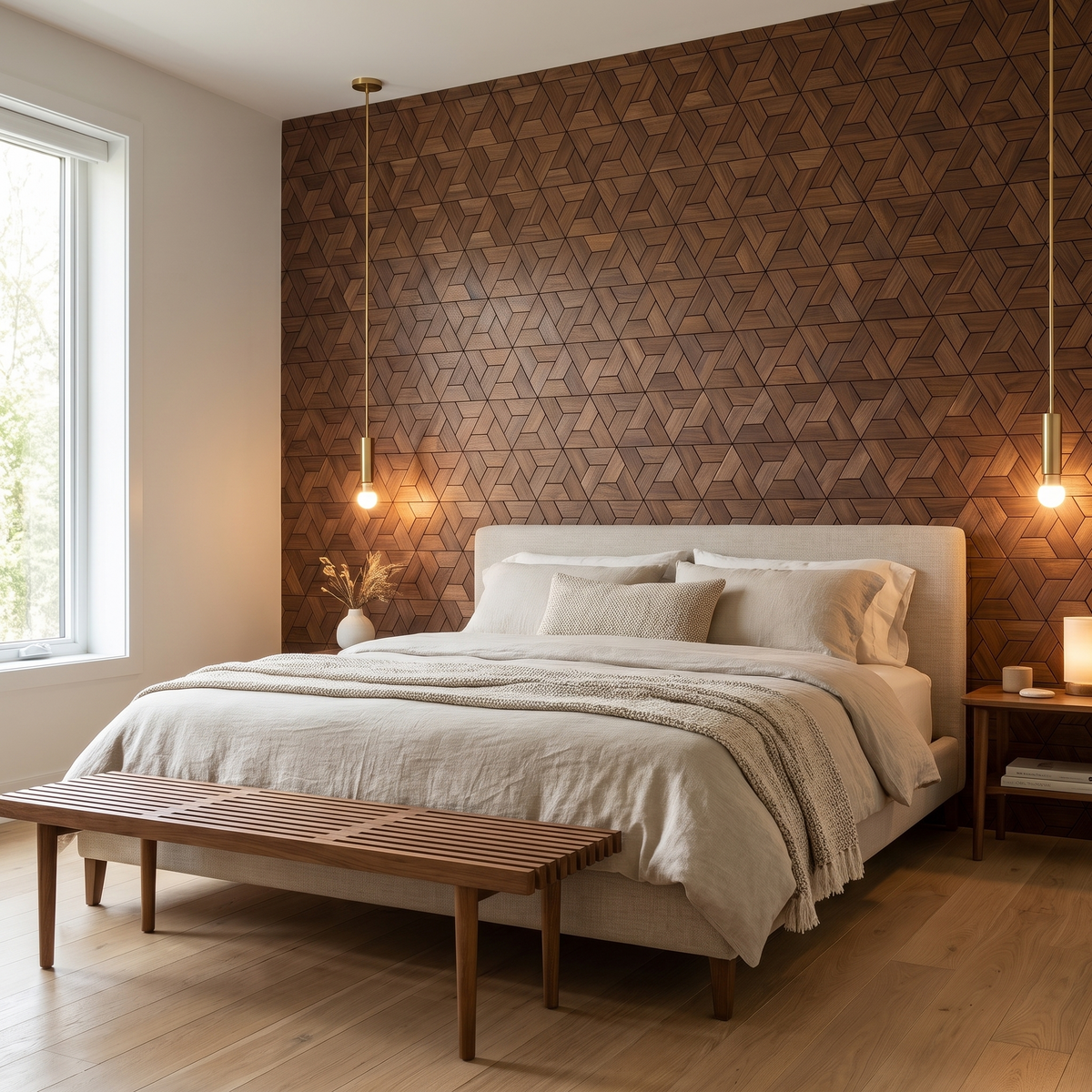 Aster Brown dekoratives Holz-Wandpaneel hinter dem Bett im Schlafzimmer