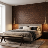 Aster Smoked Brown dekoratives Holz-Wandpaneel hinter dem Bett im Schlafzimmer