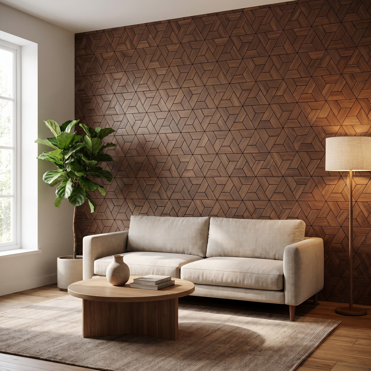 Aster Brown dekoratives Holz-Wandpaneel im modernen Wohnzimmer