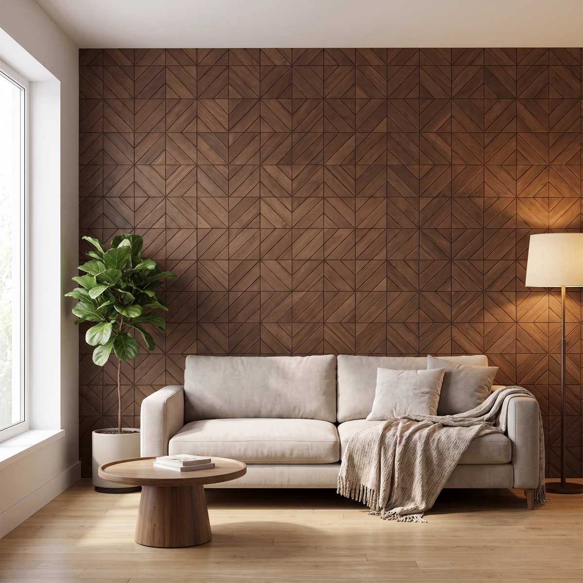 Clover Brown dekoratives Holz-Wandpaneel im modernen Wohnzimmer