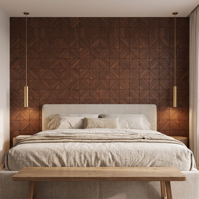 Clover Smoked Brown dekoratives Holz-Wandpaneel hinter dem Bett im Schlafzimmer
