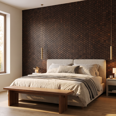 Snowdrop Rose Black dekoratives Holz-Wandpaneel hinter dem Bett im Schlafzimmer