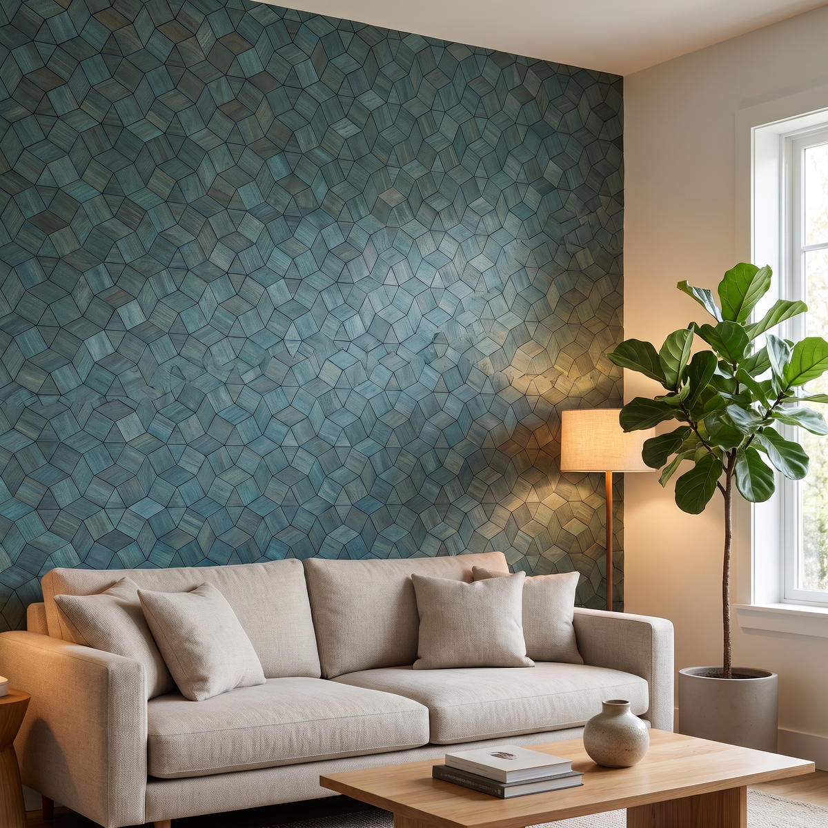 Gardenia Cadet Blue dekoratives Holz-Wandpaneel im modernen Wohnzimmer