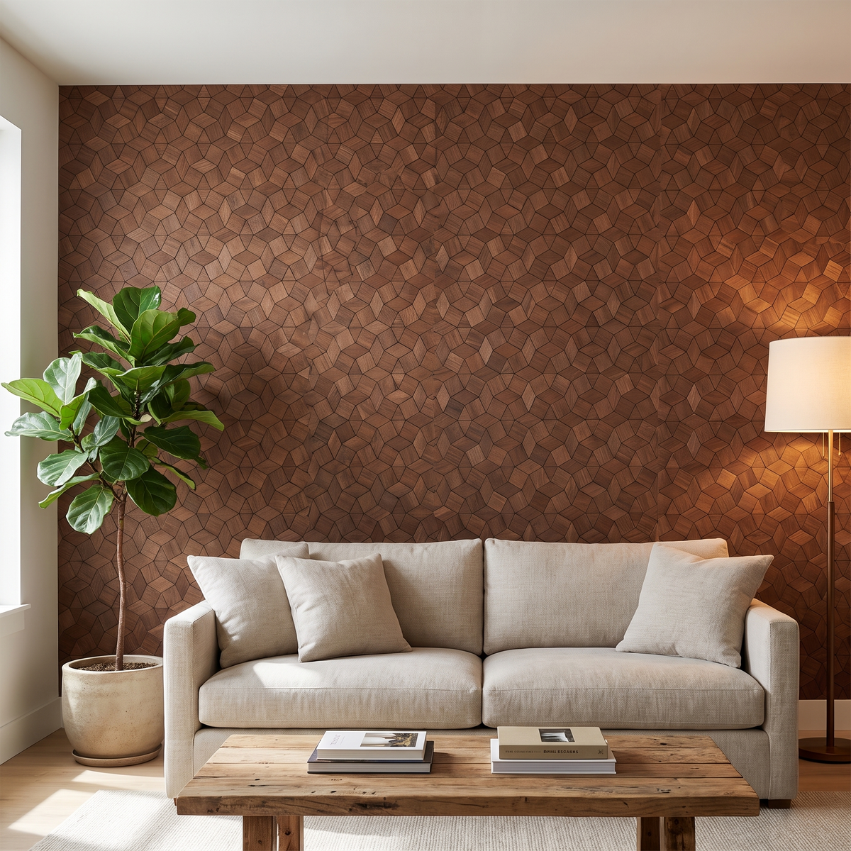 Gardenia Smoked Brown dekoratives Holz-Wandpaneel im modernen Wohnzimmer