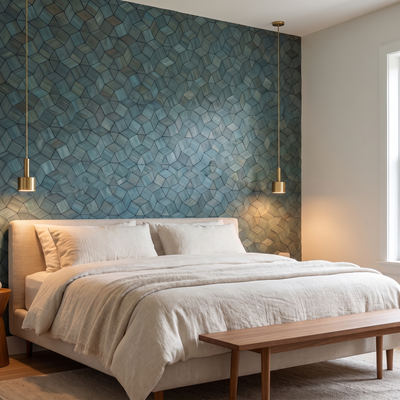 Gardenia Cadet Blue dekoratives Holz-Wandpaneel hinter dem Bett im Schlafzimmer