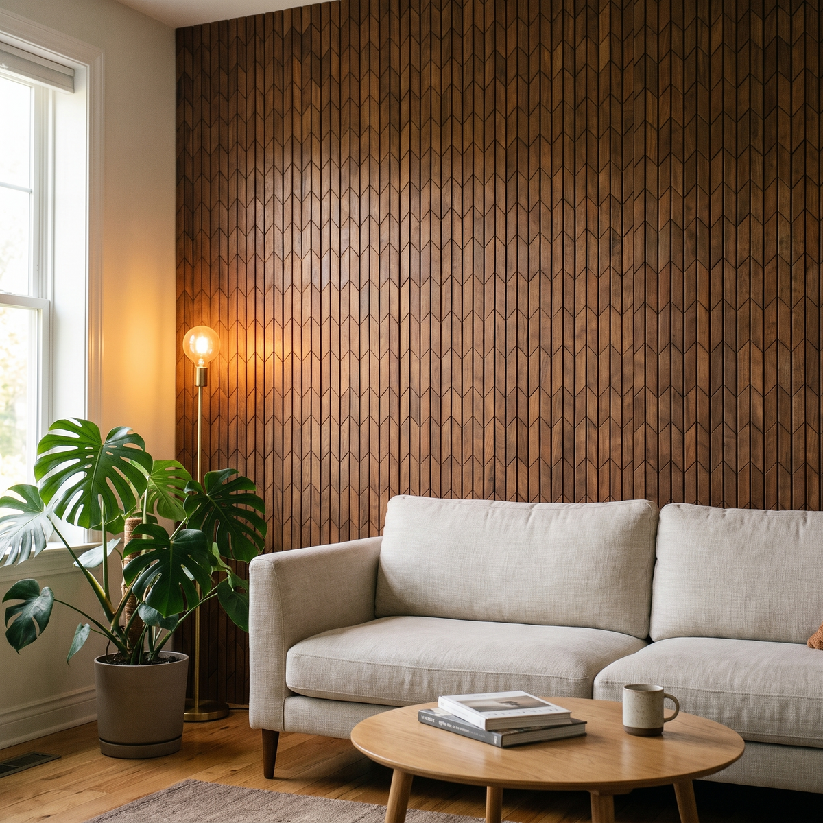 Crimson Smoked Brown dekoratives Holz-Wandpaneel im modernen Wohnzimmer