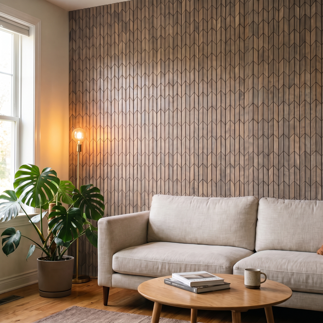 Crimson Pearl White dekoratives Holz-Wandpaneel im modernen Wohnzimmer