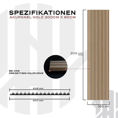 Akustikpaneele Natürliche Eiche | XL 300 cm x 60 cm | Dreiseitig Echtholzfurnier - detail view 10
